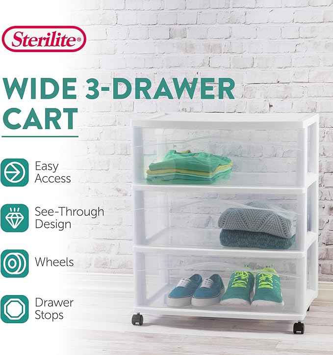 Sterilite Wide 3-Drawer Cart, Plastic Storage Organizer Drawers with Wheels, White - Rolling Multipurpose Bins for Dresser, Closet, Cabinet, Bedroom, Bathroom, and Office Organization