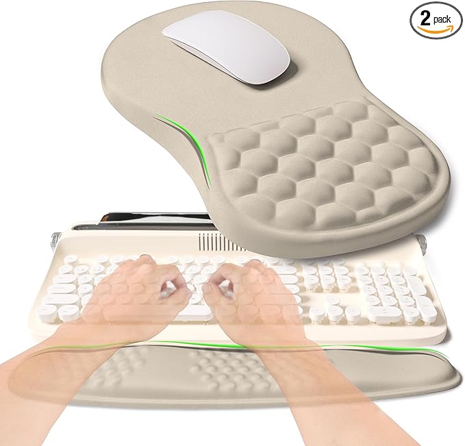 2-in-1 Ergonomic Set, Wave Rise Keyboard Wrist Rest and Massage Bulge Slope Mouse Pad Wrist Support, Cushion Memory Foam Integrated to Relieve Wrist Pain, Apricot