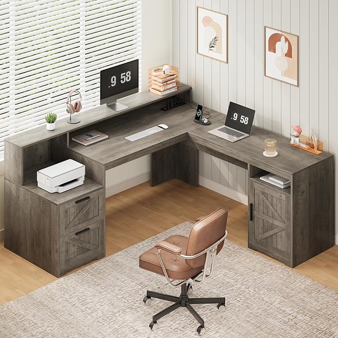 YOMILUVE 63" Farmhouse L Shaped Executive Desk with Drawers & Storage Shelf, Corner Computer Desk with Power Outlets, L Shaped Office Desk with Monitor Stand, Printer Shelf, Gray