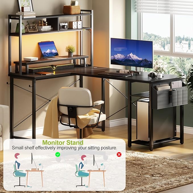 Besiost Small L Shaped Desk Gaming Desk with Power Outlets, 48" Reversible L Shaped Computer Desk with Monitor Stand & Storage Shelf, Corner Gamer Desk Home Office Desk with Storage Bag, Black