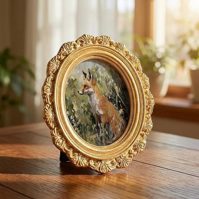 Vintage Fox Round Picture Frame Wall Decor, Rustic Farmhouse Gold Mini Ornate Photo Frame for TableTop Desk 2.7in Photo, Fall Framed Artwork for Walls Office Bedroom Cottage Shelf