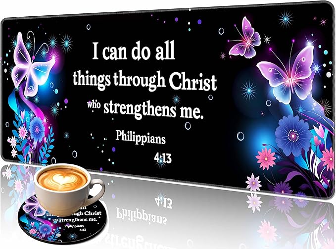 Extended Large Mouse Pad 31.5 x 11.8 Inches – AiLiTeck Premium Desk Mat Mousepad with Stitched Edges, Waterproof, Non-Slip Rubber Base for Office Home, Includes Coaster–Bible Verse Butterflies