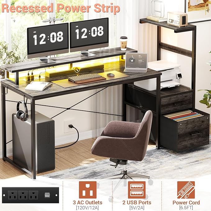 Aheaplus Gaming Desk with LED Strip & Power Outlet, 59Inch Reversible Computer Desk with Monitor Stand & Storage Shelves, Home Office Desks with Fabric File Drawer, Gamer Table PC Desk, Black Oak