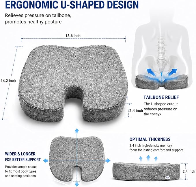 Seat Cushion for Long Sitting, Cooling Gel Memory Foam Seat Cushion - Back, Sciatica, Coccyx, Tailbone Pain Relief - for Office Chairs, Car Seat, Wheelchair Sitting Cushion (Grey)