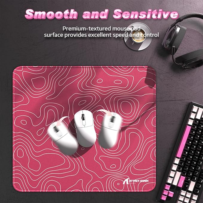ATTACK SHARK CM02 Gaming Mouse Pad for Esports Speed Large Mouse mats for Desk Waterproof Surface Stitched Edges and Anti-Slip Rubber Base Size L Laminate 17.72” x 15.75” x 0.16” Pink Contour