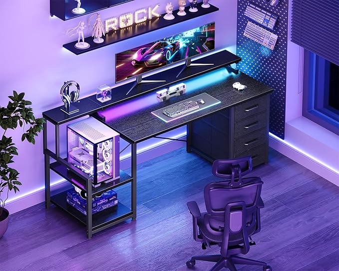 ODK 55 Inch Computer Gaming Desk with LED Lights & 4 Drawers, Home Office Desk with Monitor Stand & Storage Shelves, Black