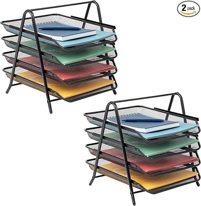 Mind Reader 4-Tier Paper Tray, Desktop Organizer, File Storage, Office, Metal Mesh, 12" L x 13.75" W x 12.5" H, Pack of 2, Black