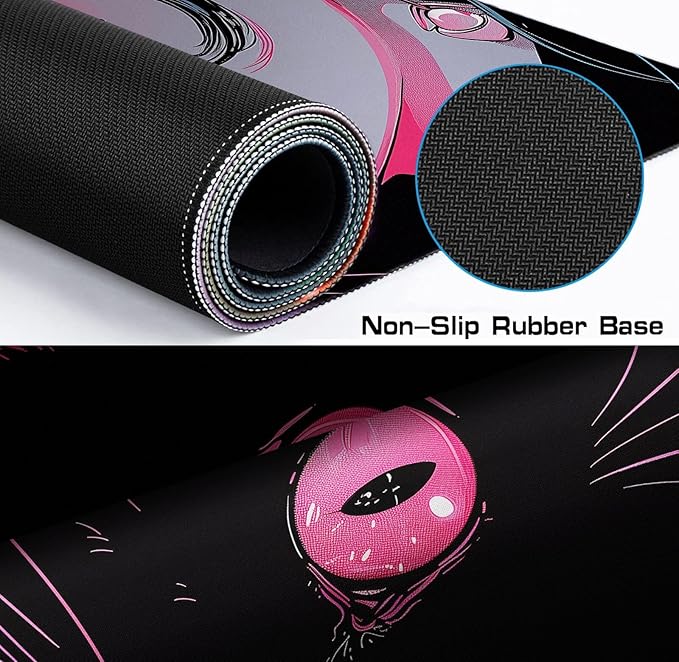 Cute Anime Black Cat Mouse Pad, Anime Aesthetic Table Pad XXL, Extended Mouse Pad Gaming Table Pad Laptop Keyboard Pad 35.4X15.7 Inch Anti Slip Rubber Base Stitching Edges ﻿