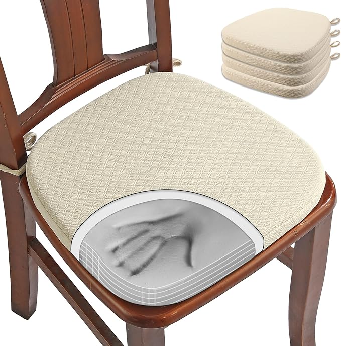 BUYUE Luxury 100% Pure Memory Foam Chair Cushions 4 Pack, Jacquard 16" U-Shape Comfortable Dining Chair Pads, Removable Slip Resistant Kitchen Chair Seat Cushions, (Set of 4, Beige)