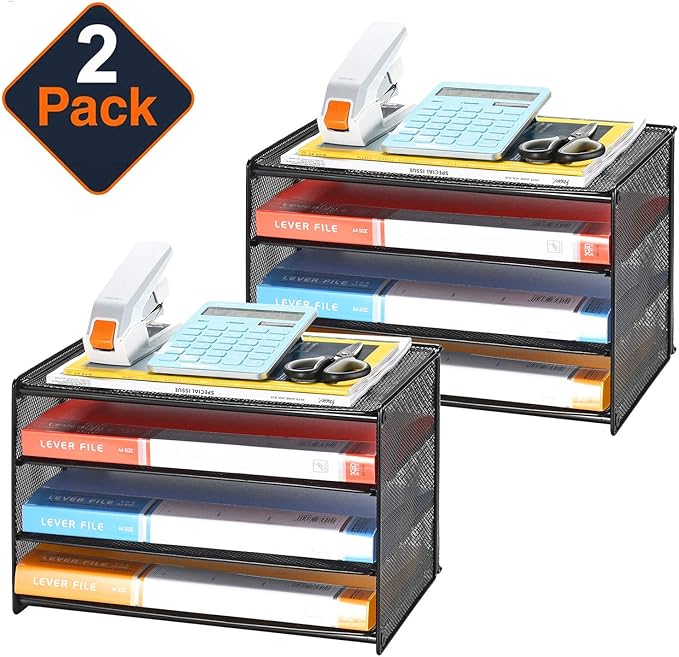 Samstar 2 Pack Paper Letter Tray, 3-Tier Desk File Organizer Paper Sorter Letter Shelf Rack, Mesh Made,Black