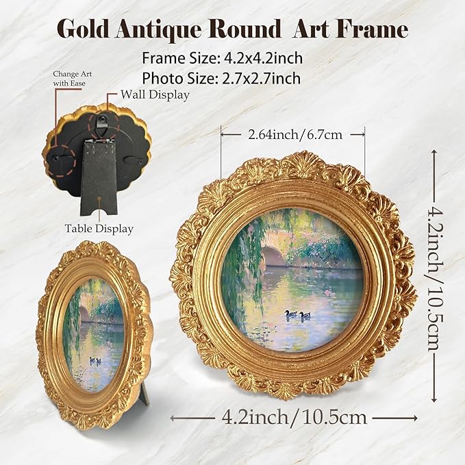 Monet Style Landscape Round Picture Frame Wall Decor,Impressionist Country Lake Duck Gold Mini Ornate Photo Frame for TableTop Desk 2.7in Photo,Vintage Framed Artwork for Walls Office Bedroom