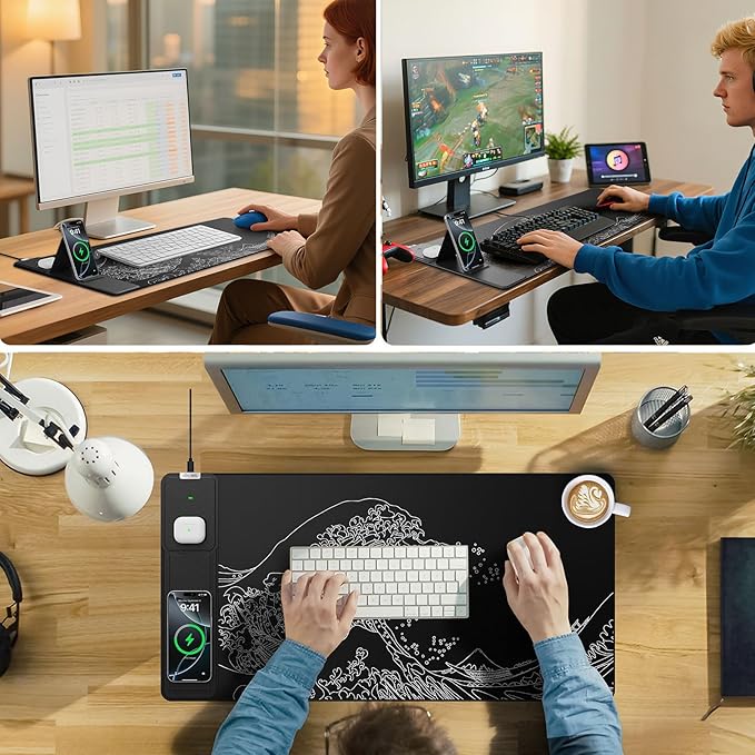 Wireless Charging Mouse Pad with Foldable Phone Holder, 31.5"x15.8" Large Desk Mat for Laptop/Keyboard, Waterproof Ultra-Smooth Surface, Non-Slip Base, Black Wave