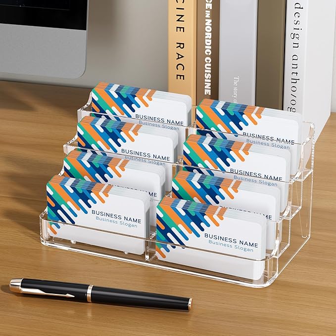 MaxGear 4 Pack Acrylic Business Card Holder for Desk, Clear Desktop Business Card Display Stand with 8 Pockets, 4-Tier Freestanding Card Organizer for Office, Reception, Countertop