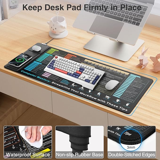 Wireless Charging Mouse Pad with Foldable Phone Holder, 31.5"x15.8" XXL Excel Cheat Sheet Desk Mat for Laptop/Keyboard, Waterproof Ultra-Smooth Surface, Non-Slip Base
