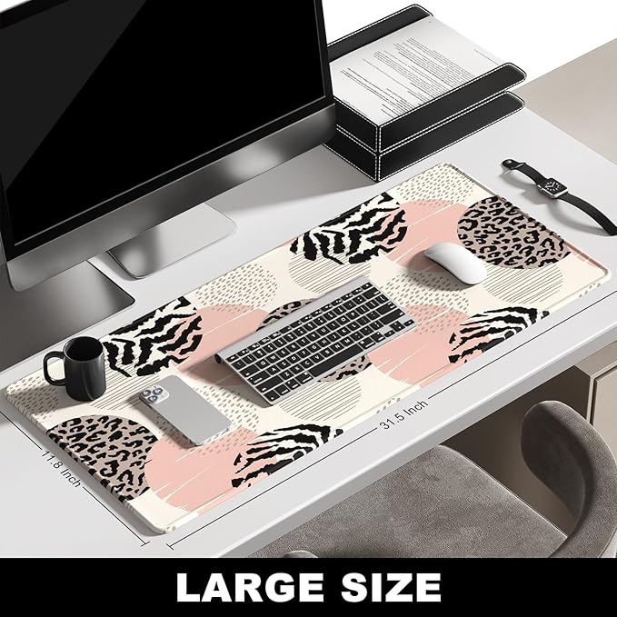 BOSOBO XXL Gaming Desk Mat, Leopard Dots Pink - 31.5 x 11.8 Inches, Full Cover