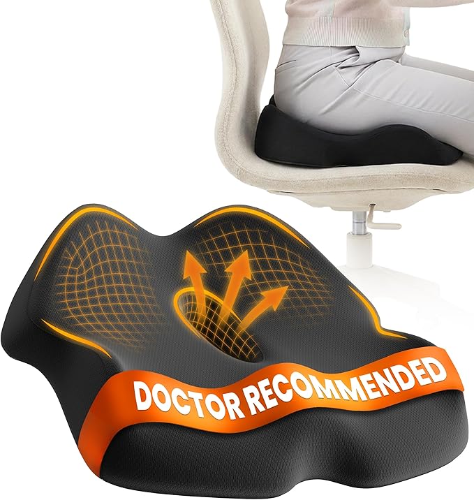 Everlasting Comfort Doctor Recommended Memory Foam Seat Cushion for Office Chairs & Car - Ergonomic Office Desk Accessories - Cushions for Tailbone Pain Relief, Sciatica