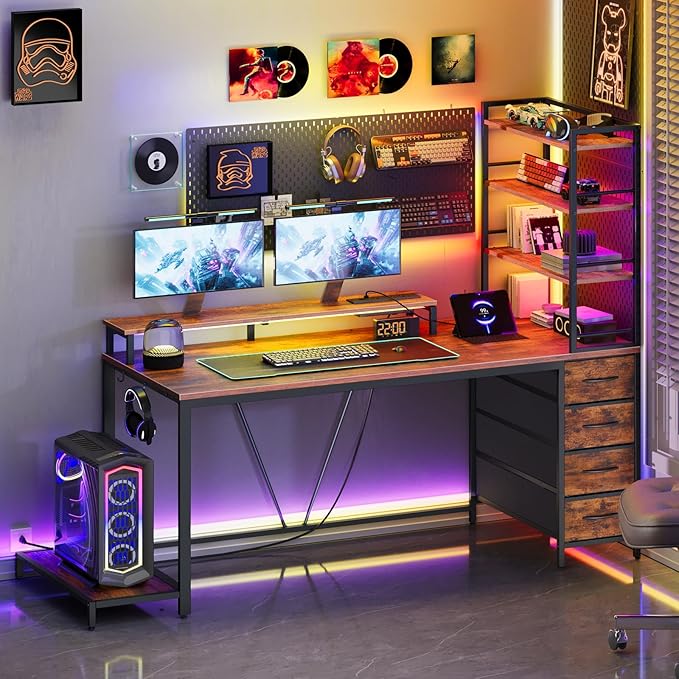 RALGEND Computer Desk with Shelves and Drawers, 43.3 Inch Gaming Desk with Charging Station and LED Lights, Desk Workstation with Monitor Stand and Storage for Home Office, Rustic Brown