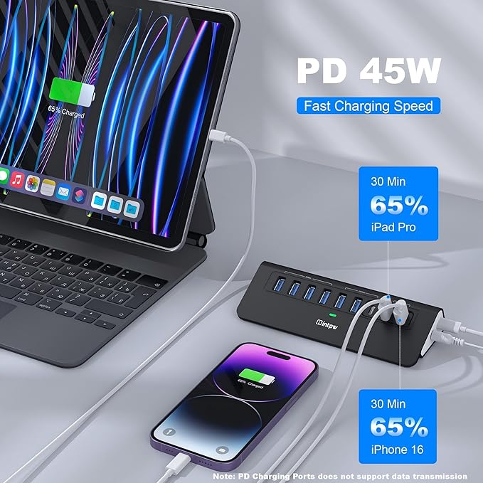 Powered USB Hub 10Gbps, intpw YH6AC 9-Port USB HUB with USB A/USB C 3.2, 4 USB 3.0, 2 PD 45W Charging Port, 65W Power Adapter + 4.92FT Cable, Aluminum USB Hub for Laptop, PC,iPhone 17/16