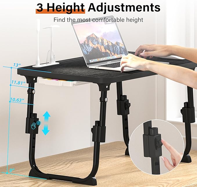 Lap Desk for Bed, Adjustable Laptop Desk with USB Charging Port, Storage Drawer & Bookshelf — Foldable Bed Desk for WFH & Students, 23.6" Desktop Fits 17" Laptop, Non-Slip, Black