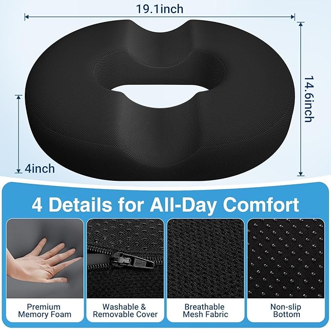 CushZone Donut Pillow for Postpartum Pregnancy - Large Ergonomic Chair Seat Cushions, Office Chair Cushion, Breathable Hemorrhoid Pillow, Lifting Chair Pads for Sitting, After Surgery(Black, XXL)