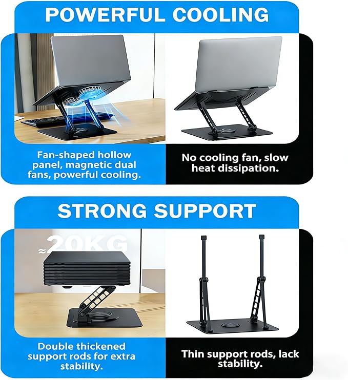 Laptop Stand with Cooling Fan, 360° Rotating Base Aluminum Laptop Riser, Foldable Ergonomic Computer Stand for Desk, Height Adjustable Notebook & All Laptops Up to 17.3" (Black)