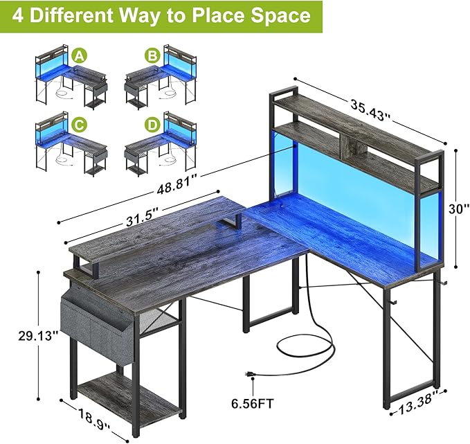 Besiost Small L Shaped Gaming Desk with Power Outlets, 48" Reversible L Shaped LED Computer Desk with Monitor Stand & Storage Shelf, Corner Gamer Desk Home Office Desk with Storage Bag, Black Oak