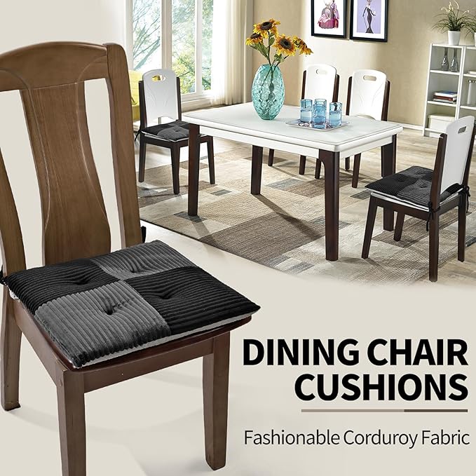 Office Stacking Chair Cushion with Ties, Corduroy High Density Foam Non-Slip Kitchen Seat Cushion, Square 17" x 17" Indoor Dining Chair Pads, Black+ Grey, 1 PCS