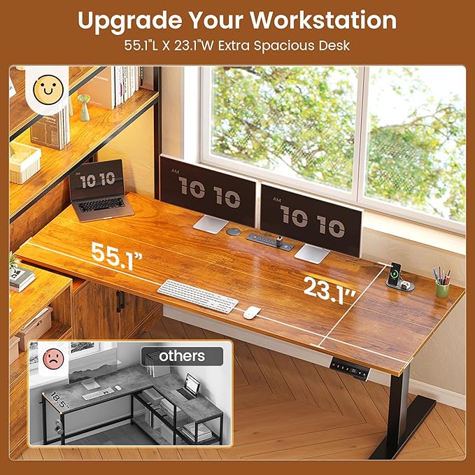 SEDETA 56.7" L Shaped Standing Desk, Reversible Computer Office Desk with Drawers & Hutch, Stand Up Corner Gaming Desks with LED Lights & Power Outlets for Home Office, Rustic Brown