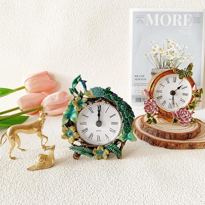 Vintage Mini Analog Table Clock, Silent Small Table Clock with Hand-Painted Metal Body and Battery Operated Non-Ticking Clock Core for Shelf, Bedroom, Bedside, Desk, Gift Clock