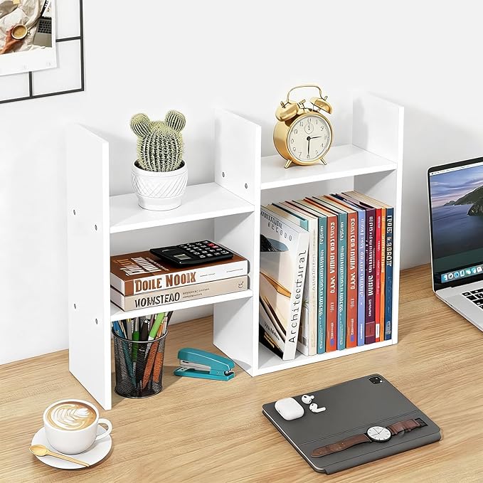 Desktop Shelf Organizer Desk Shelves - White Desk Hutch for Dorm Room Essentials & Home Office - Small Tabletop Bookshelf for Storage & Decor Display