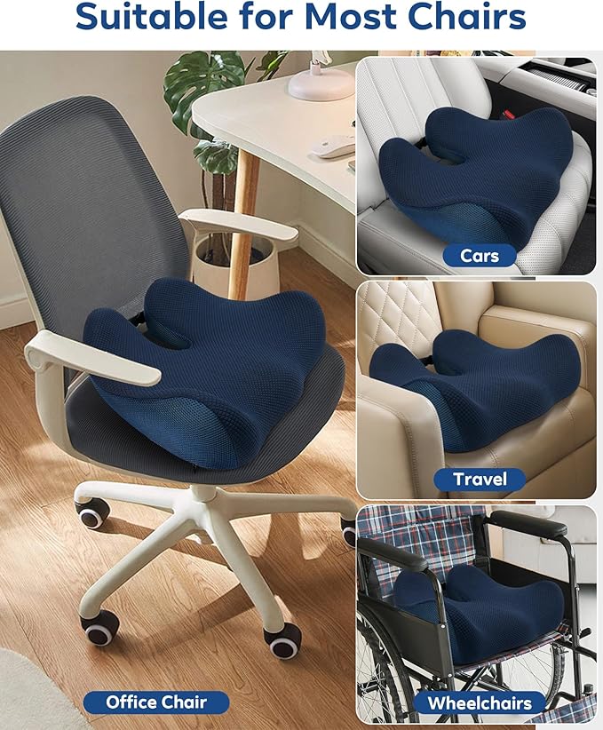 Feagar Seat Cushion for Office Chair - Memory Foam Tailbone Cushion for Desk Chair, Car Seat and Wheelchair - Ergonomic Chair Pad for Hip and Lower Back Comfort - Washable Mesh Cover Blue