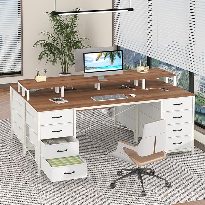 YOMILUVE 60 Inch Computer Desk with 8 Fabric Drawers, Gaming Desk with LED Lights & Power Outlets, Home Office Desk with Monitor Stand, Brown and White