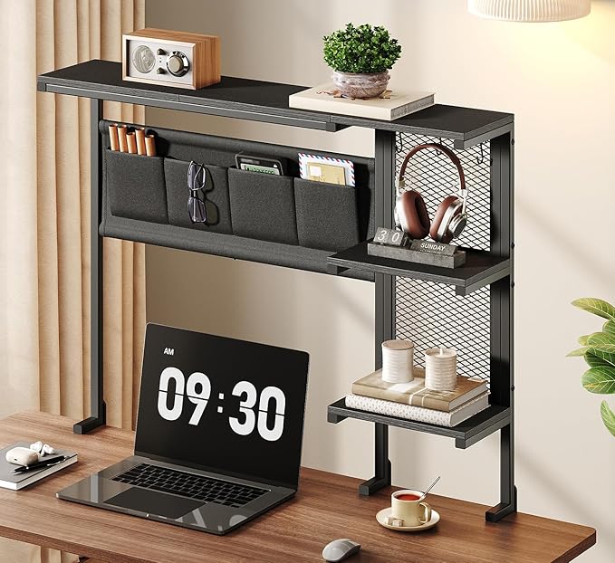 Clamp On Desk Shelf, 3-Tier Above Desk Extender with Pegboard & Hooks, Metal & Wooden Desktop Bookshelf & Organizer, Tabletop Storage Rack for Office Accessories, 38.3" W x 33" H, Black