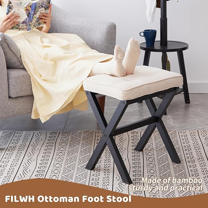 Foot Stool Small Ottoman Foot Rest Padded Foot Stool Desk for Under Office Desk Vanity Stool Bamboo Footstool Sofa Footrest Shoe Stool Small (Black Legs + Beige)