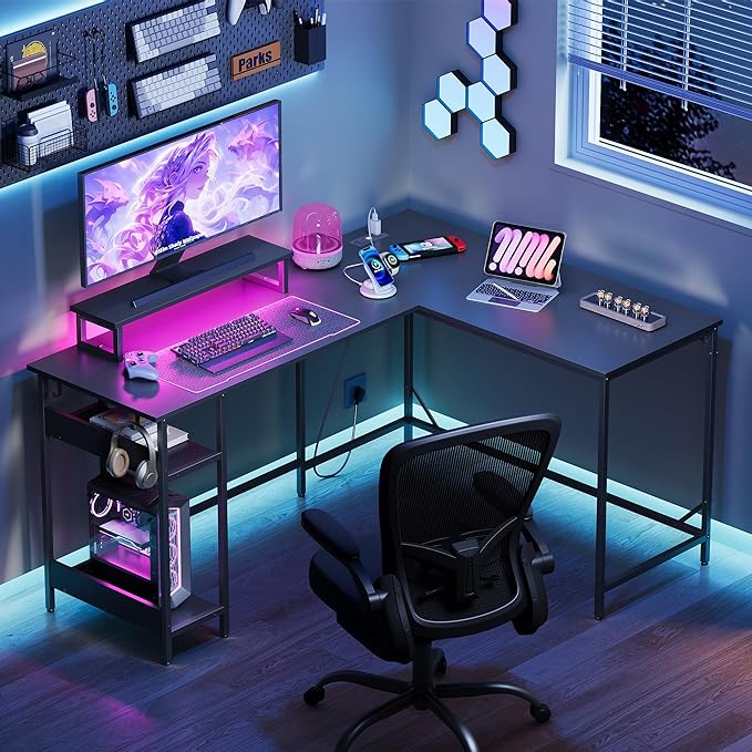 DEVAISE Full-Size 60" L Shaped Gaming Desk with LED Lights and Power Outlets - Reversible Corner Computer Table with Monitor Stand and Storage Shelves for Work and Gaming, Black