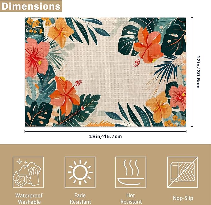 Placemats Set of 6, Tropical Floral Orange Flowers Linen Placemats 12x18 Inch, Heat Resistant Table Mats, Washable Non Slip Place Mats for Dining Table Kitchen Home