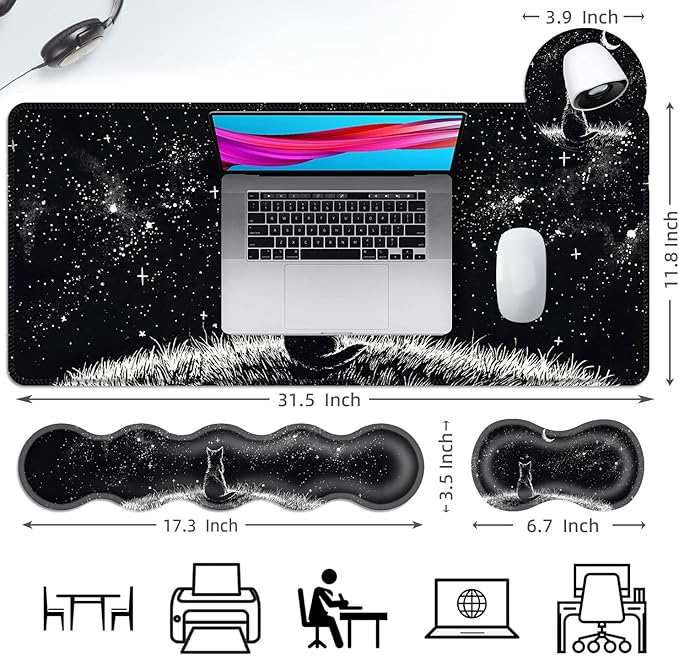 Ergonomic Mouse Pad Set with Wrist Support for Keyboard and Wrist Rest for Mouse, Memory Foam Comfort, Non-Slip Large Desk Mat for Home Office Pain Relief,Black Cat Moon Starry