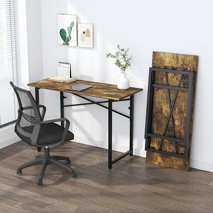 Lutown-Teen 47 inch Folding Computer Desk, Writing Gaming Computer Camping Table, No Assembly Required Home Office Desk, Rustic Brown