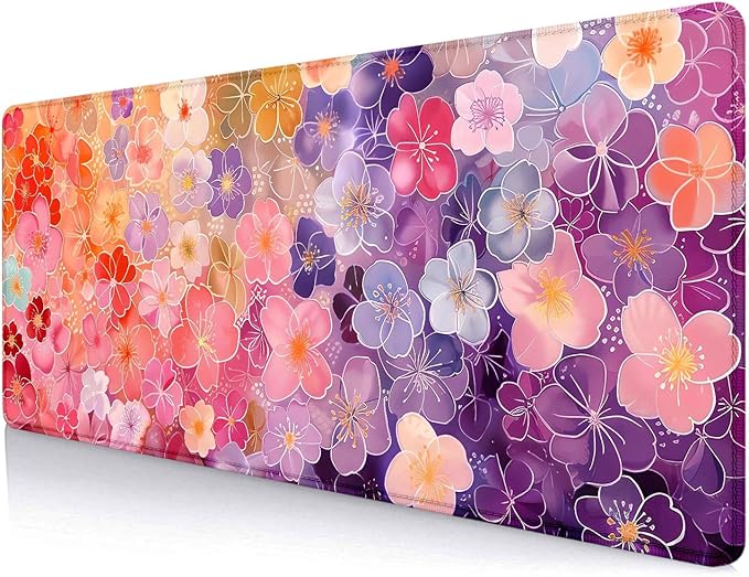 Colorful Flower Large Mouse Pad for Laptop, Pink Purple Red and Gold Pattern Desk Mats for Desktop, Watercolor Beautiful Floral Computer Desk Pad, Non-Slip Rubber Base Desktop Mat, 31.5 x 11.8 inches