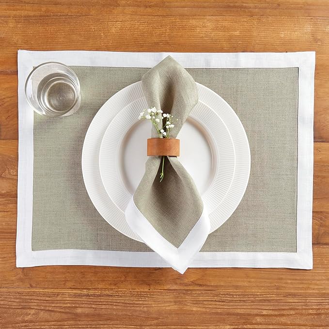 Solino Home Linen Cloth Placemats Set of 4-100% Pure Linen White and Natural Placemats 14 x 19 Inch for Spring, Summer - Classic, Handcrafted and Machine Washable