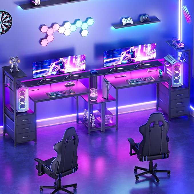 Korfile 48 Inch Gaming Desk with LED Lights & Power Outlets,Computer Desk with Fabric Drawers & Side Hook,Reversible Gamer Table with Monitor Stand for Game Room,Home Office,Carbon Fiber Black