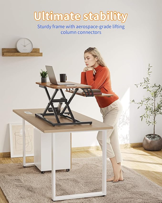 YIHAYO Electric Standing Desk Converter 32 inch, Sit to Stand Up Height Adjustable Desk Riser, Quick Sit to Stand Tabletop Dual Monitor Riser Workstation with Keyboard Tray, Rustic Brown