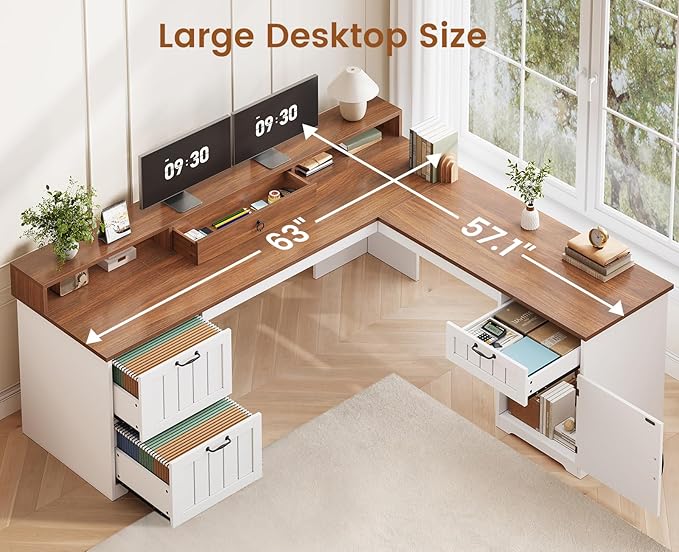 SEDETA Farmhouse L Shaped Desk with Drawers, 63" Office Desk with File Drawers, Wood Corner Computer Desk with Storage, Home Office Desk with Monitor Stand and Storage Cabinet, Walnut and White