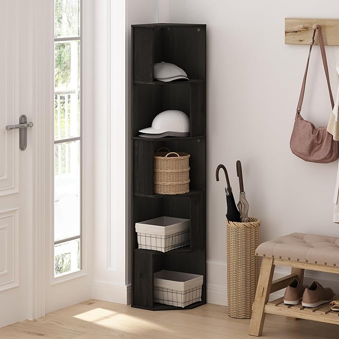 Furinno ECON Corner Shelf, 5-Tier Corner Book Shelf, Standing Storage Shelves, Cube Display Rack, Bookshelf, for Organization and Storage, Living Room, Home Office, Espresso