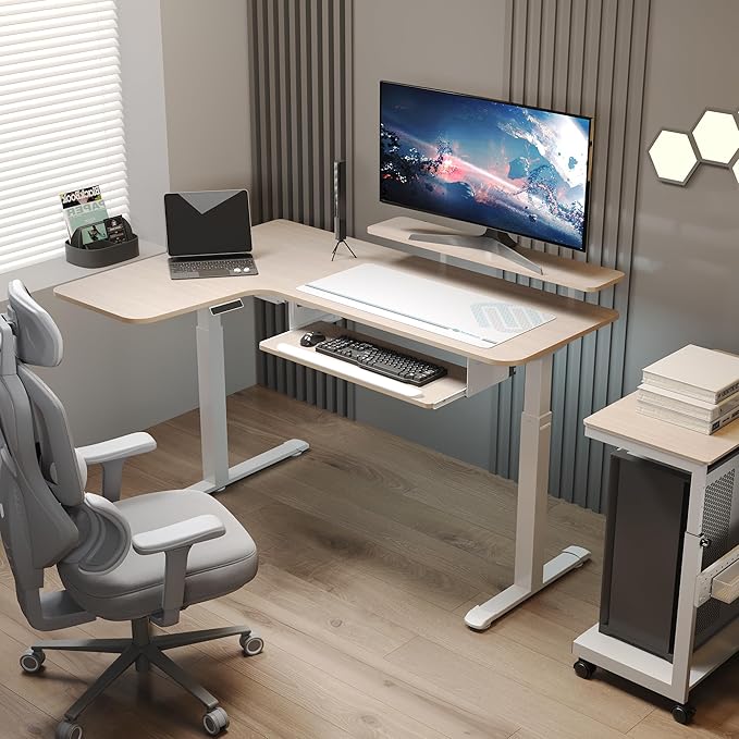 EUREKA ERGONOMIC 55 Inch L Shaped Electric Standing Desk, Height Adjustable Computer Gaming Desk with Keyboard Tray, Mouse Pad, Home Office Work, Maple Wood, Left Side