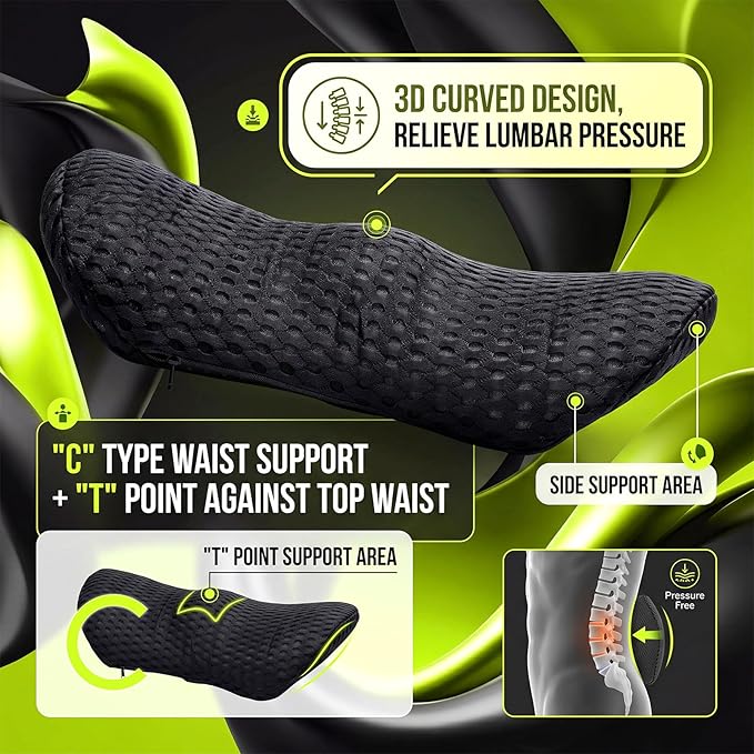Wenqik 2 Pcs Lumbar Support Pillow Memory Foam Back Cushion Breathable Mesh Removable Washable Cover Ergonomic Design for Car Seat Lower Back Pain Relief Black Support Pillow Sitting Driving Traveling