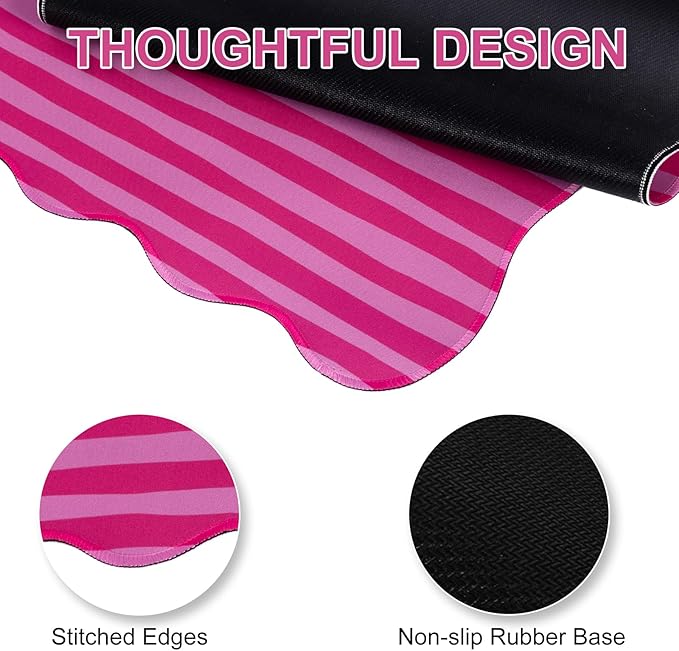 L-SPOUTTO Hot Pink Striped Mouse Pad,Scalloped Desk Mat XXL Large Geometric Gaming Mousepad,35.4x15.7in Non-Slip Rubber Base Keyboard Pad Waterproof Desktop Mat for Laptop Computer Game Home Office