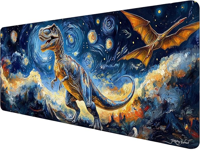 Dinosaur Gaming Mouse Pad Oil Painting Night Sky Dreamy Extended Mousepad Waterproof Stitched Edges Rubber Base Non-Slip Deskmap Computer Keyboard Mat Office Computer Keyboard Laptop 31.5x11.8 Inch