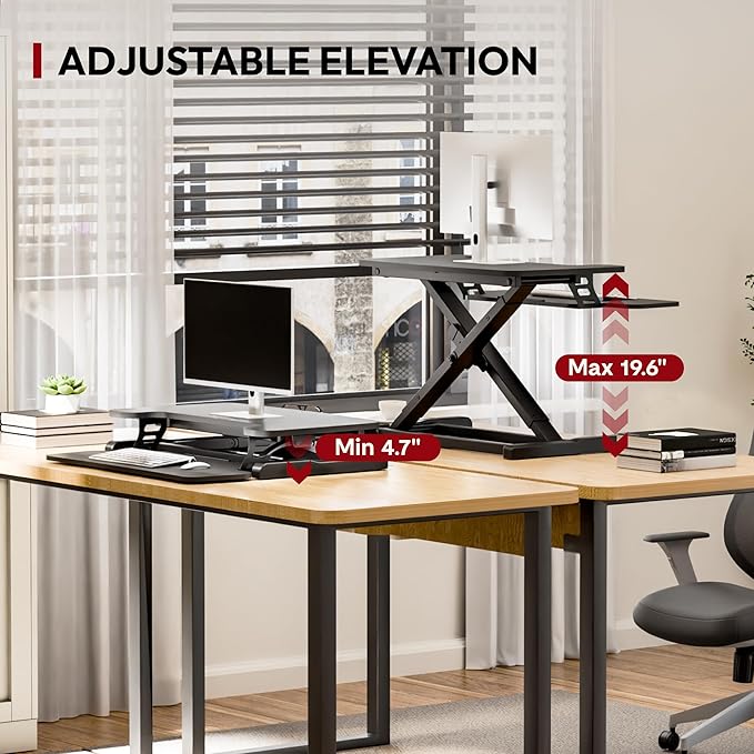 SANODESK Standing Desk Converter 28" Desk Riser for Home Office, Compact Sit Stand Desktop Workstation for Laptop & Monitor, Ergonomic Height Adjustable Riser, Black