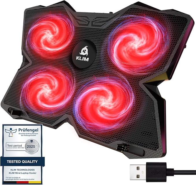 KLIM Wind Laptop Cooling Pad - Support 11 to 17 Inch Laptops, PS4-4 Fans - Light, Quiet, Powerful Cooling - Gamer USB Slim Portable Laptop Stand - NEW 2021 Version - Black